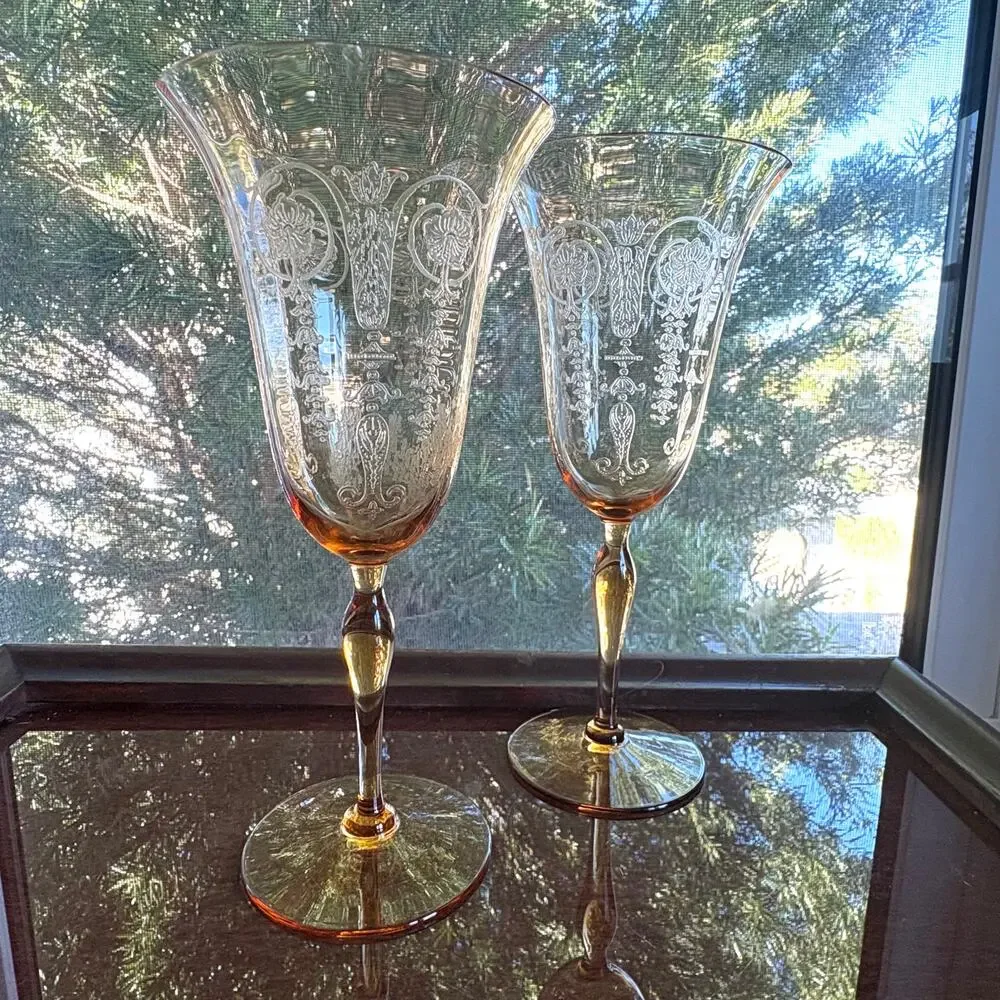 Set of 2 1940s Vintage Etched Amber Stem Wine Goblets Art Deco Glass UV Red Glow